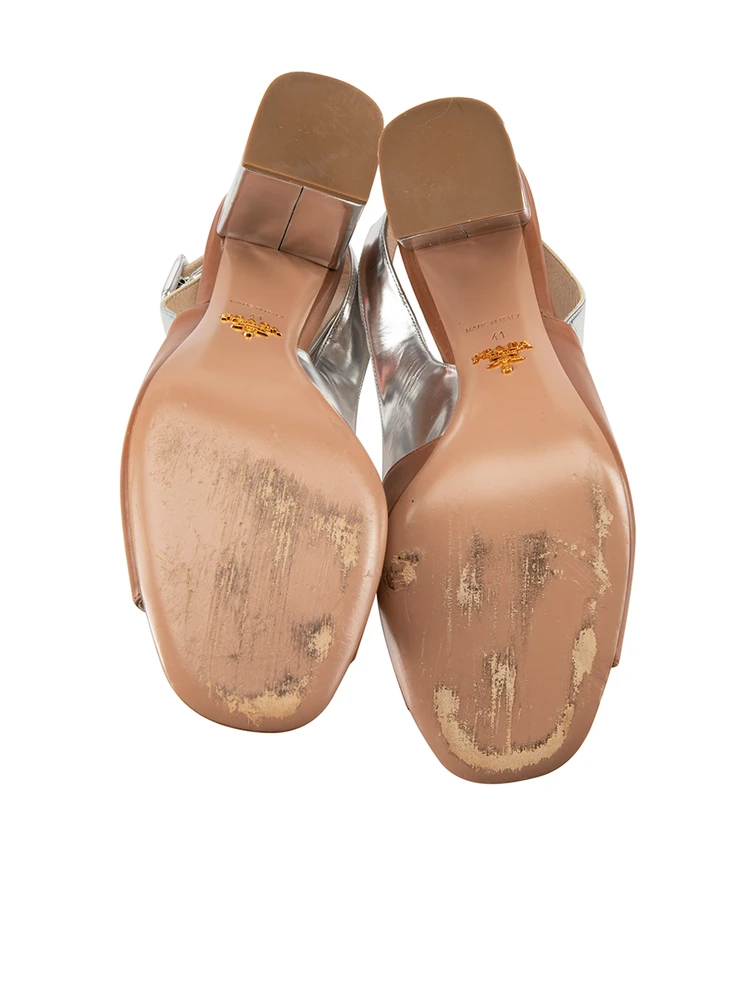 Prada Brown & Silver Leather Panelled Sandals