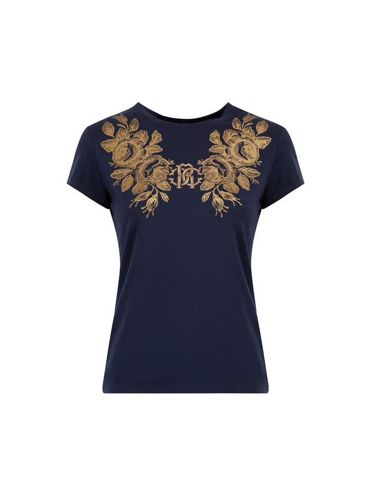 Roberto Cavalli Navy Rose Print T-Shirt