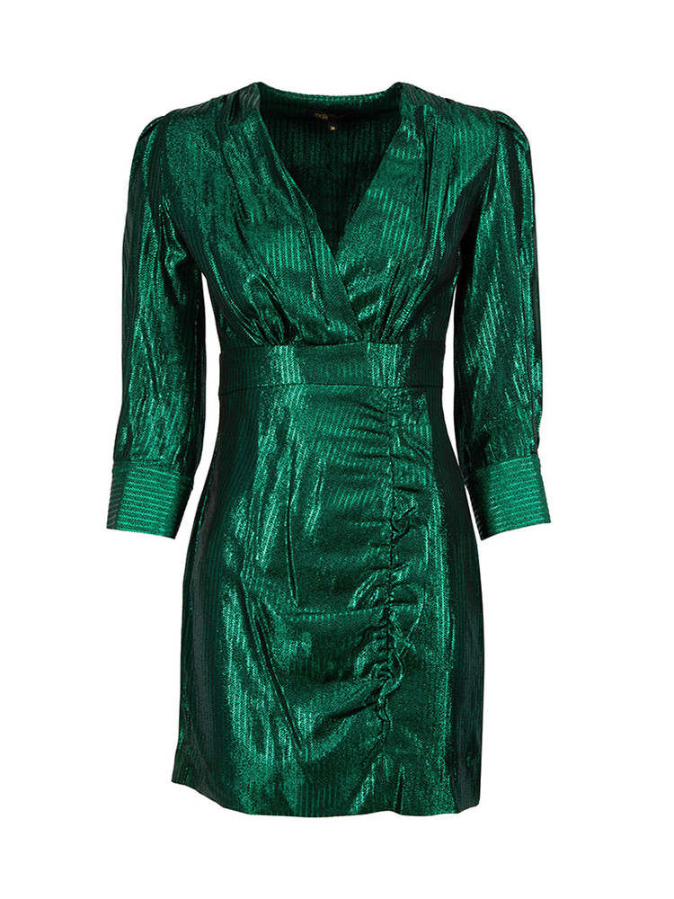 Maje Green Metallic V-Neck Mini Dress