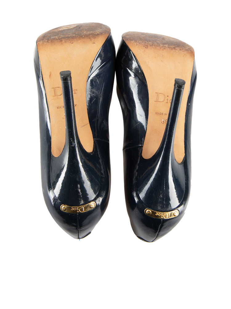 Dior Navy Patent Peep Toe Platform Heels