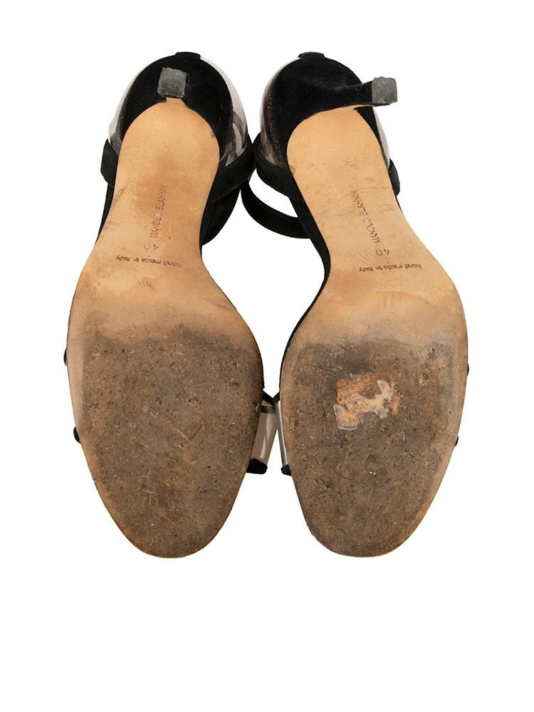 Manolo Blahnik Black Suede Plexi Ankle Strap Sandals