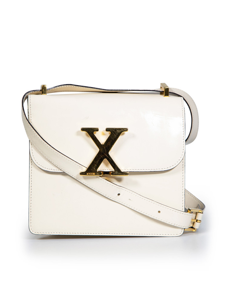 Moschino Ecru Patent Letter Crossbody Bag