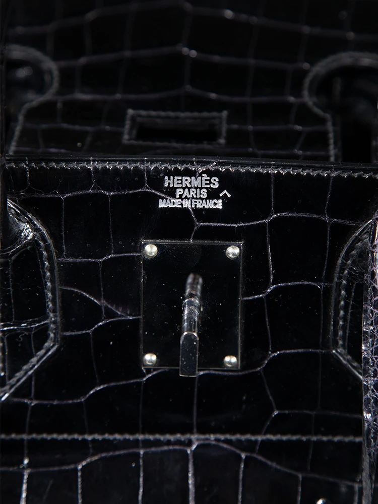 Hermès 1999 Noir Shiny Porosus Croc PHW Haut à Courroies Birkin 40