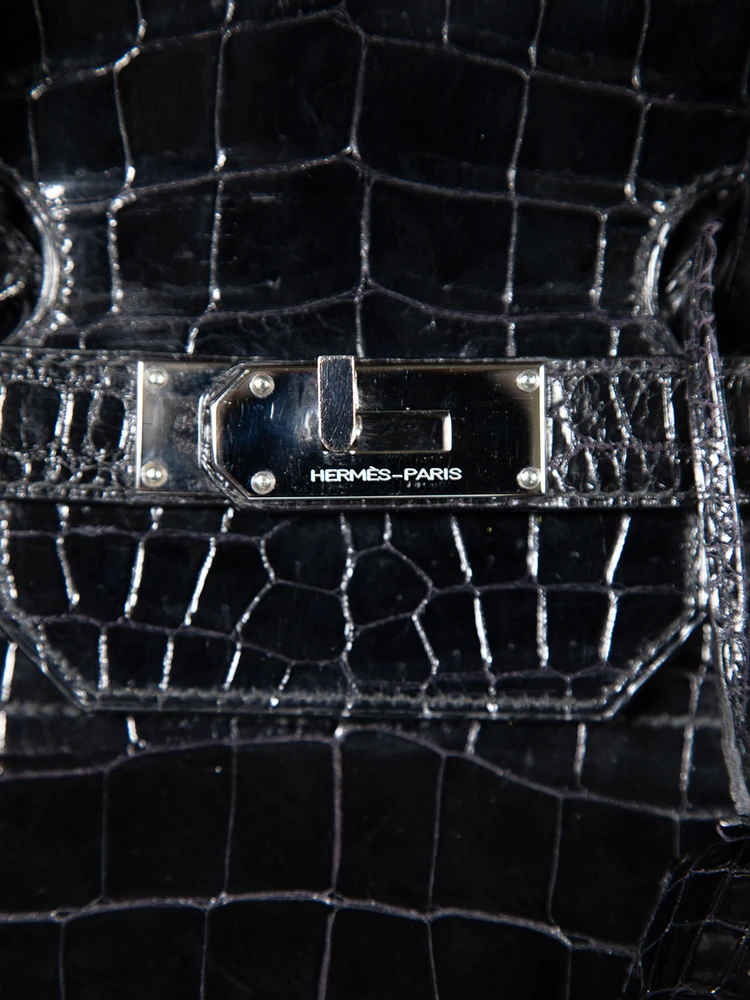 Hermès 1999 Noir Shiny Porosus Croc PHW Haut à Courroies Birkin 40