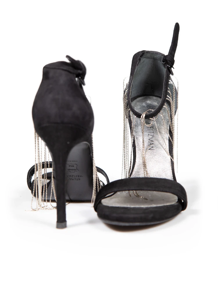 Stuart Weitzman Black Suede Open Toe Tassel Sandals