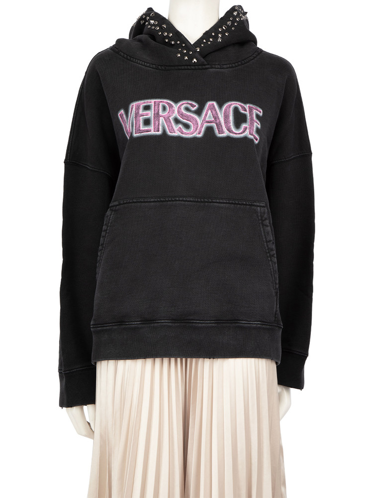 Versace Black Studded Vintage Wash Effect Logo Hoodie