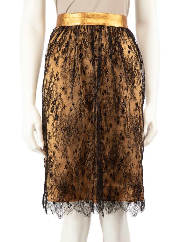 Dolce & Gabbana Lace Overlay Leather Trim Skirt