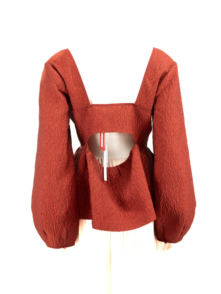 Jonathan Simkhai Red Jacquard Pattern Puff Sleeve Top