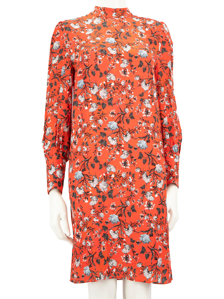 Erdem Red Silk Floral Printed Mock Neck Dress