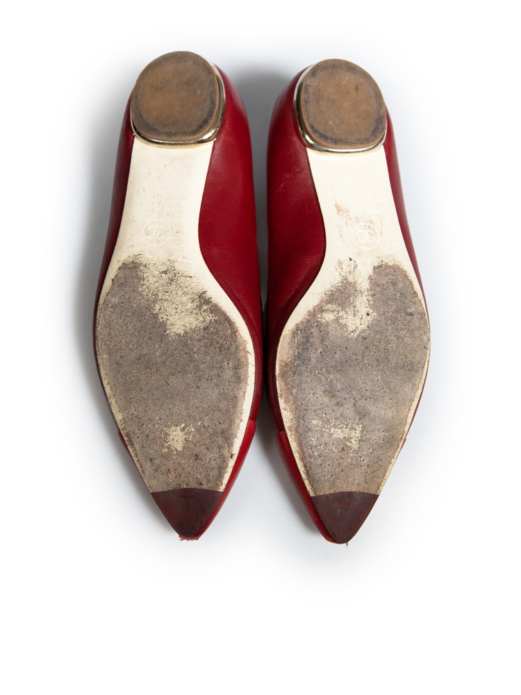 Chanel Red Leather Cap Toe Ballet Flats
