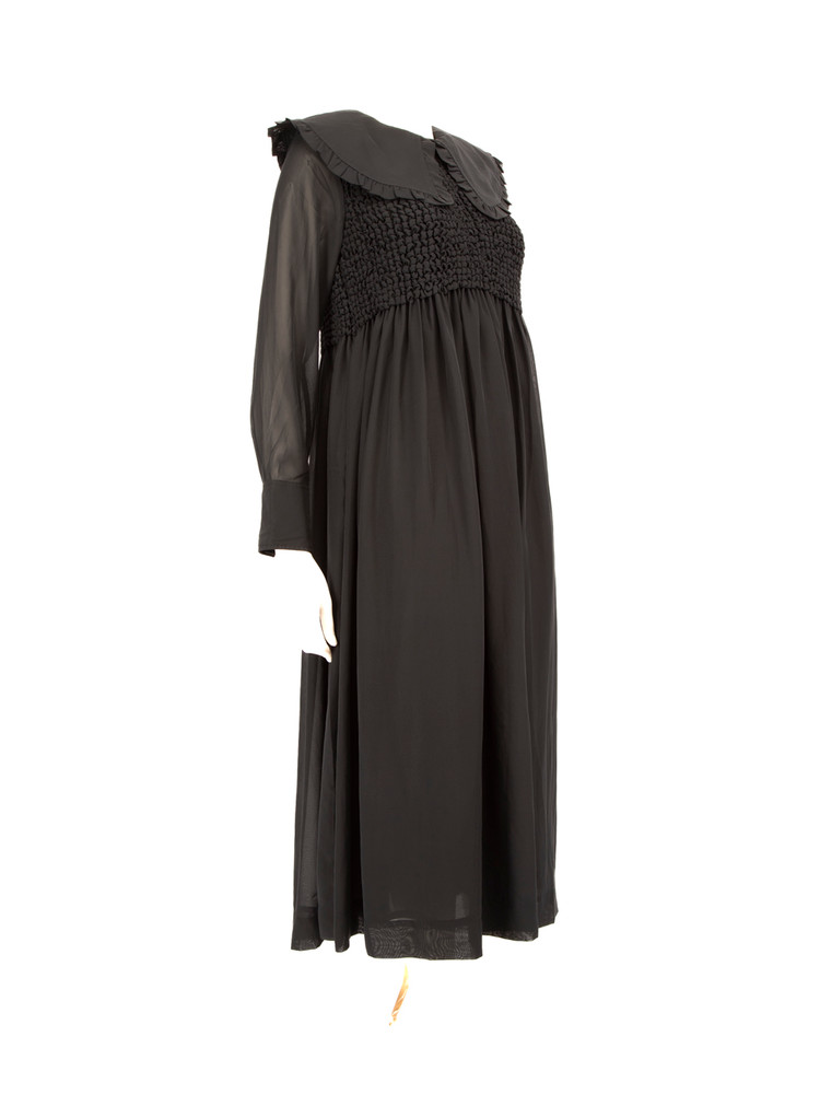 Ganni Black Ruched Long Sleeve Midi Dress