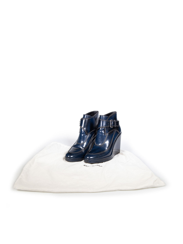 Balenciaga Navy Leather Wedge Heel Boots