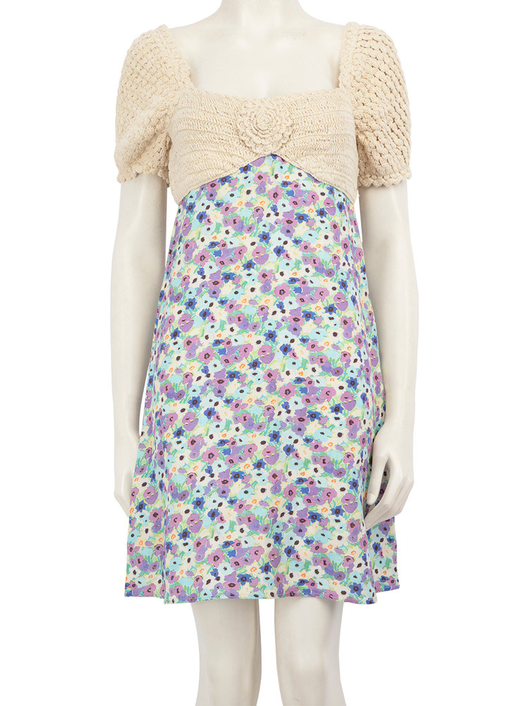 Rixo Crochet Top Floral Print Mini Dress