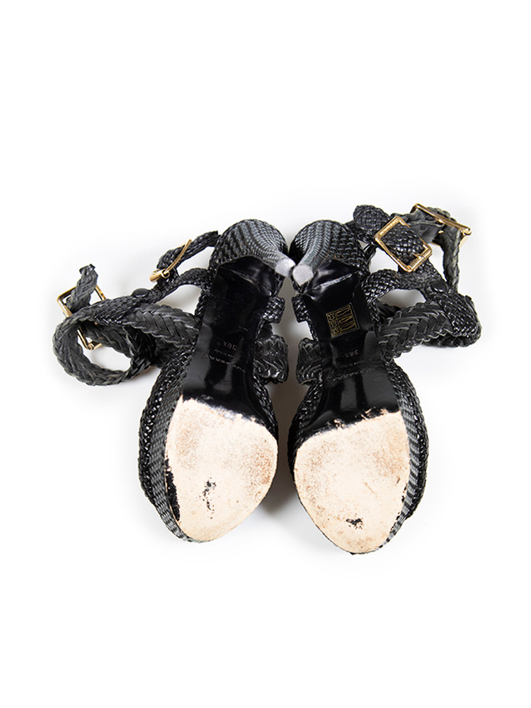 Burberry Black Leather Woven Heel Sandals