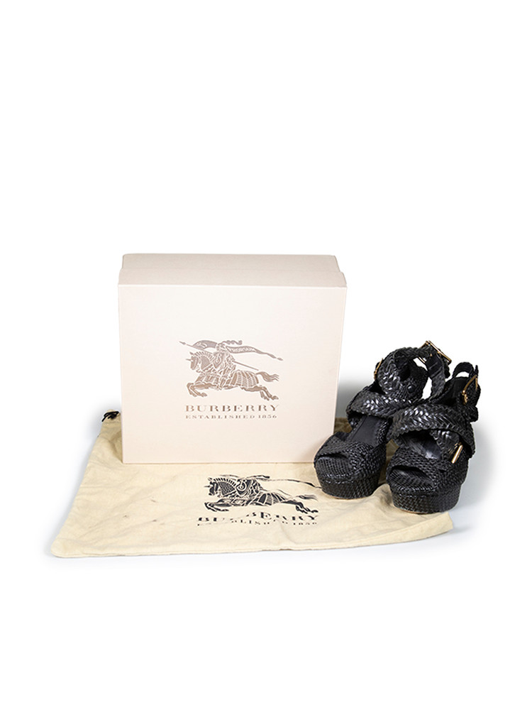 Burberry Black Leather Woven Heel Sandals