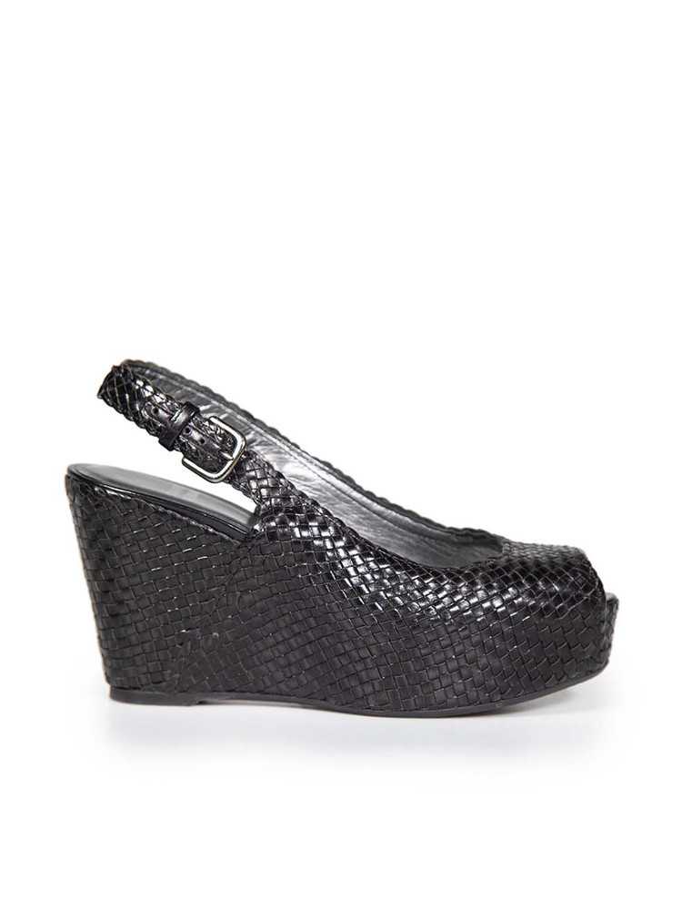 Stuart Weitzman Black Leather Woven Wedge Sandals