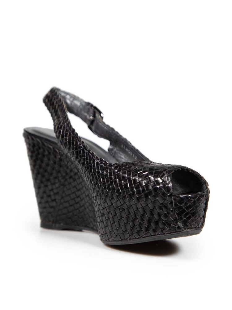 Stuart Weitzman Black Leather Woven Wedge Sandals