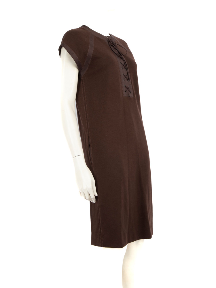 Bottega Veneta Brown Wool Lace Up Knee Length Dress