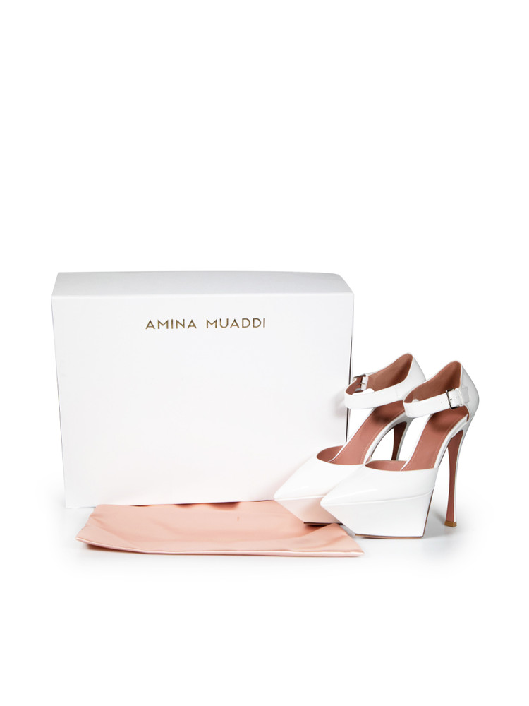 Amina Muaddi White Patent Yigit Platform Heels