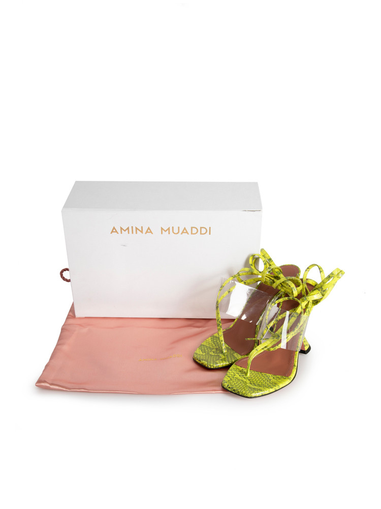 Amina Muaddi Yellow Leather Snake Zula 95 Sandals