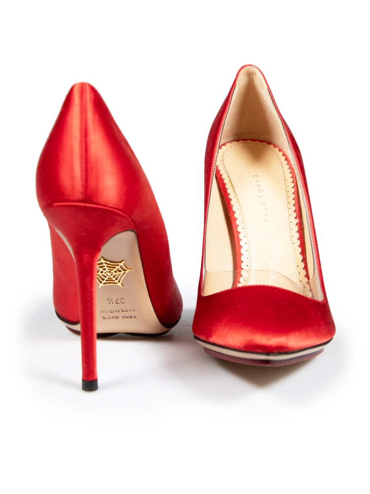 Charlotte Olympia Red Satin Ankle Tie Detail Heels