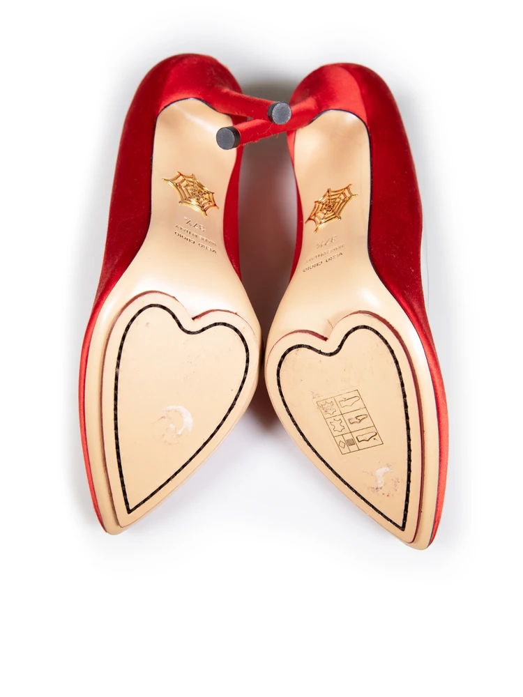 Charlotte Olympia Red Satin Ankle Tie Detail Heels