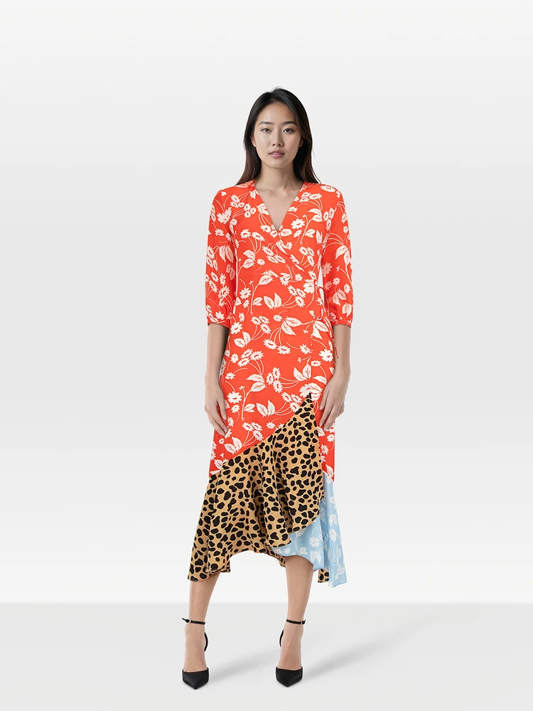 Rixo Red Silk Floral Pattern Wrap Dress