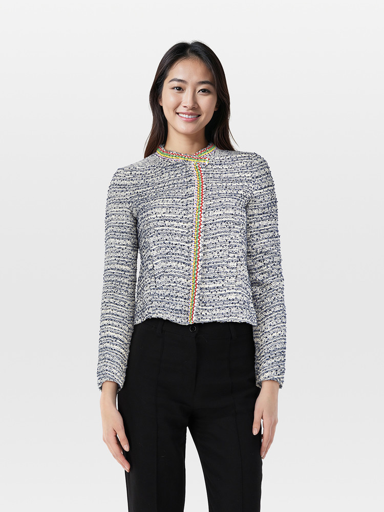 Maje Blue Tweed Beaded Trim Jacket