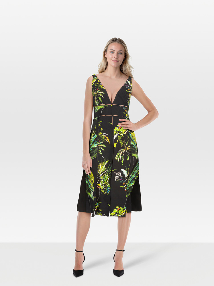 Proenza Schouler Green & Black Leaf Print V Neck Dress