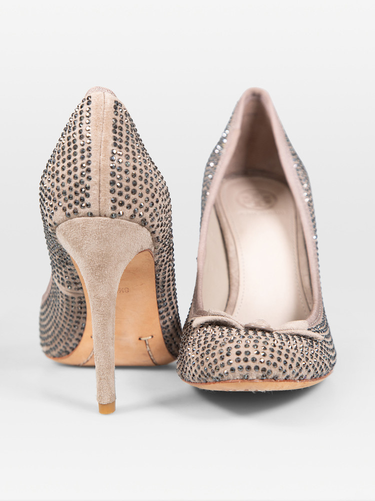 Tory Burch Beige Suede Rhinestone Bow Detail Heels