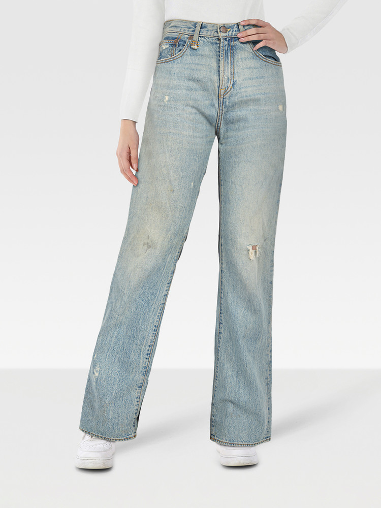 R13 Blue Distressed Straight Leg High Rise Jeans