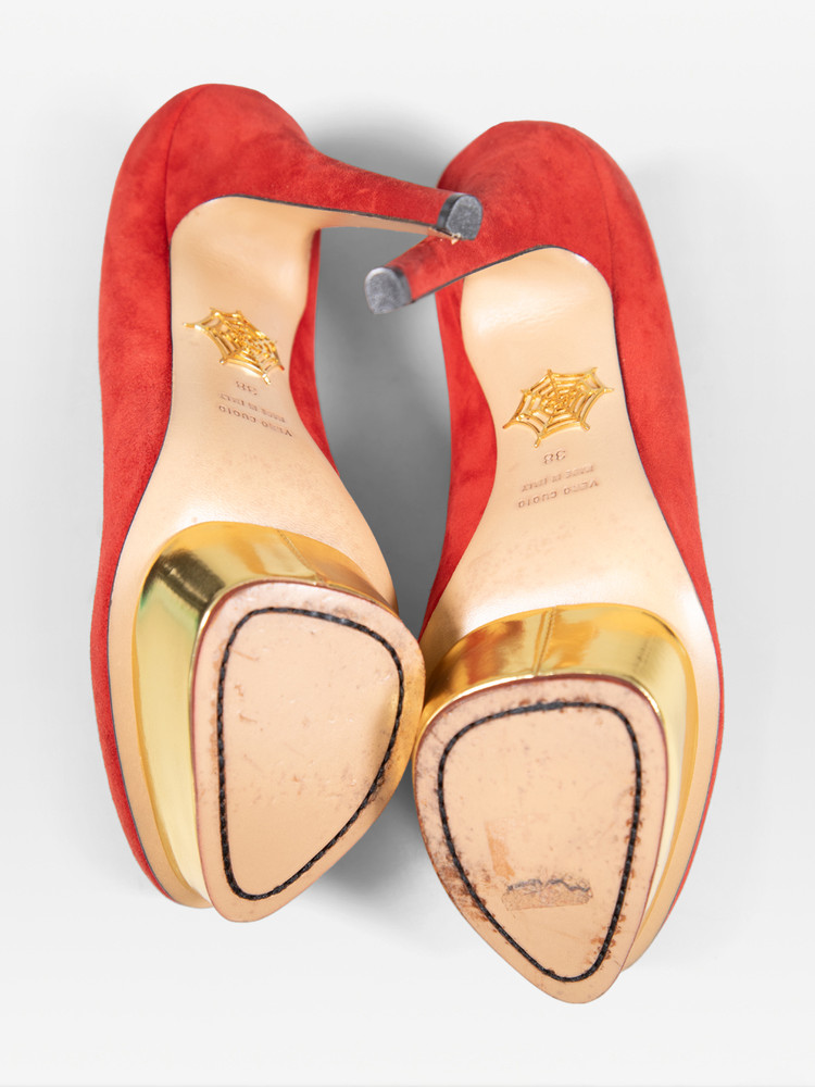 Charlotte Olympia Red Suede Dolly Pumps