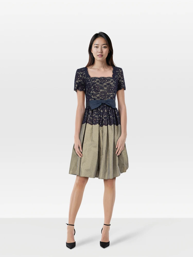 Oscar de la Renta Floral Lace & Gingham Dress