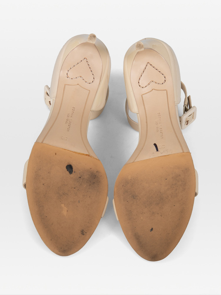 Sophia Webster Ecru Patent Buckle Heel Sandals