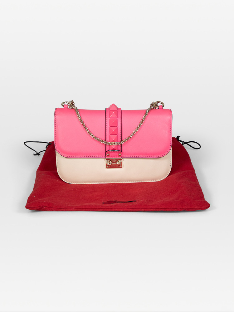 Valentino Garavani Pink & White Leather Medium Glam Lock