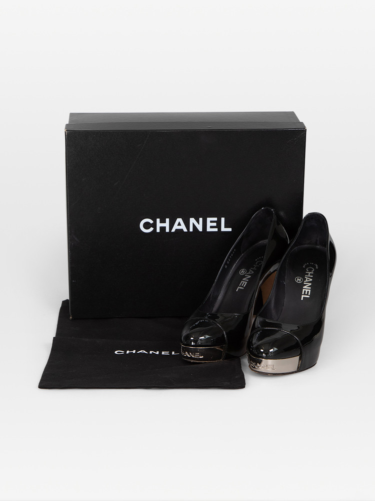 Chanel Black Patent Cap Toe Pumps