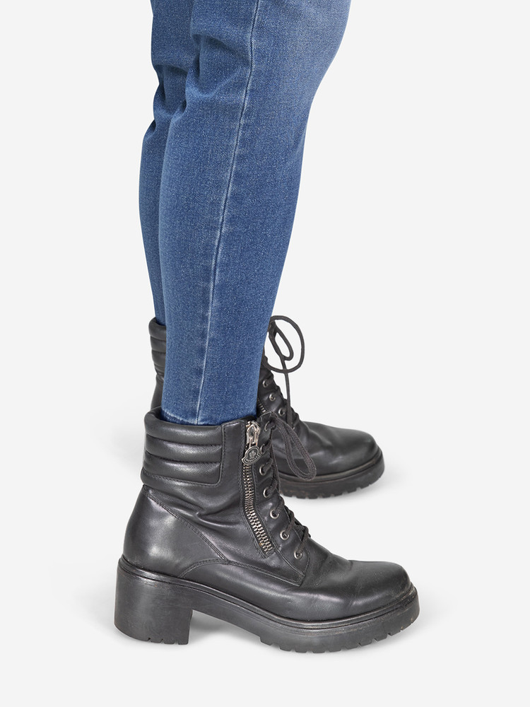 Moncler Black Leather Zipper Combat Boots