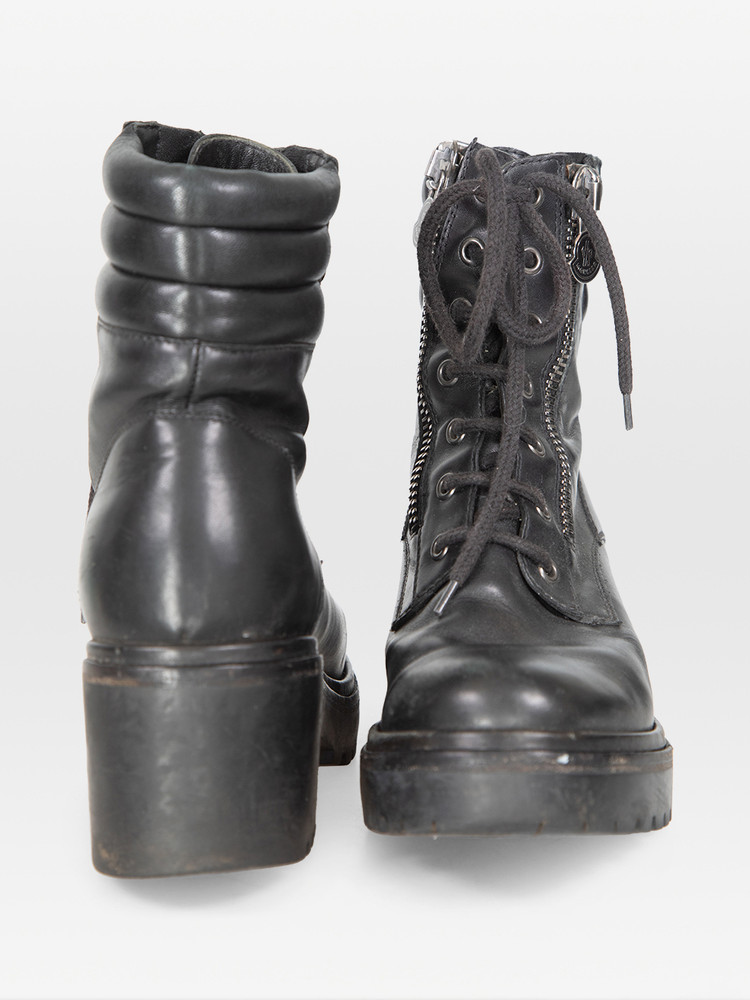 Moncler Black Leather Zipper Combat Boots