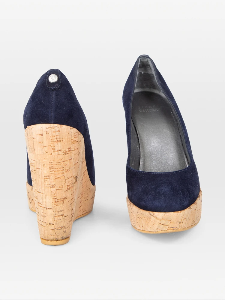Stuart Weitzman Navy Suede Cork Heel Wedges