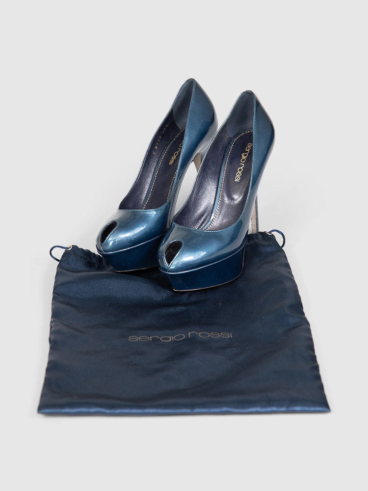 Sergio Rossi Blue Patent Leather Peep Toe Heels