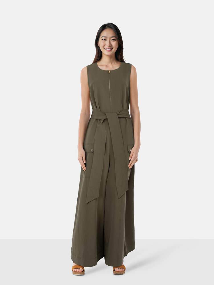 ME+EM Khaki Belted Sleeveless Belted Jumpsuit