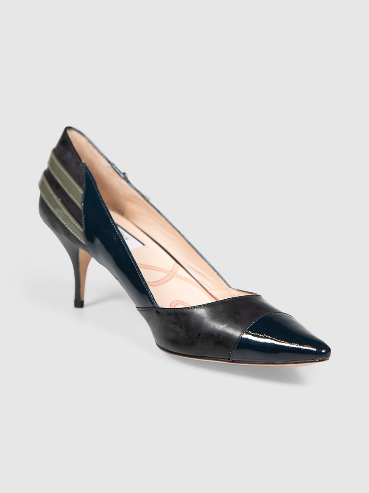 Lucy Choi Black Patent Pointed Toe Buckle Detail Pumps