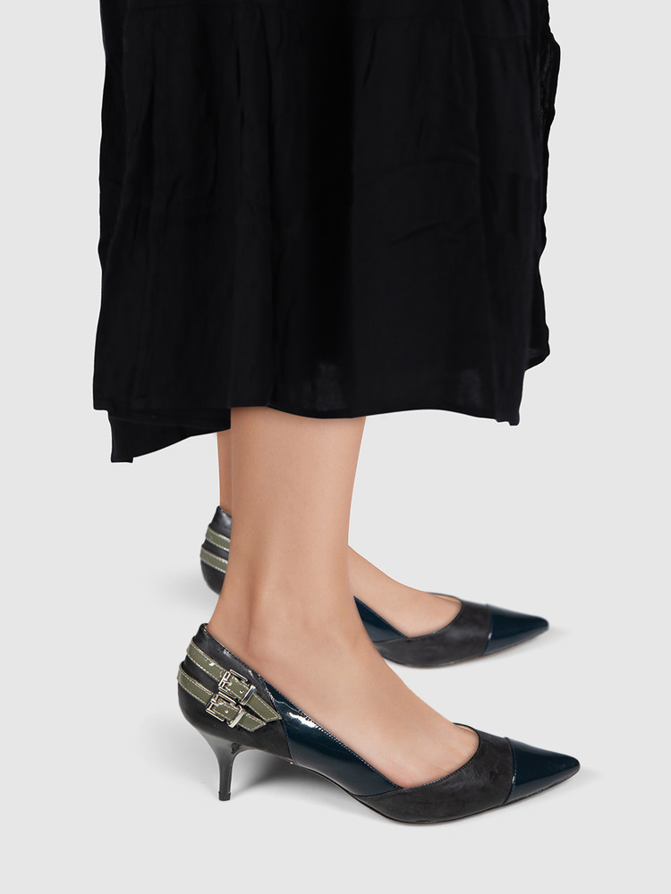 Lucy Choi Black Patent Pointed Toe Buckle Detail Pumps
