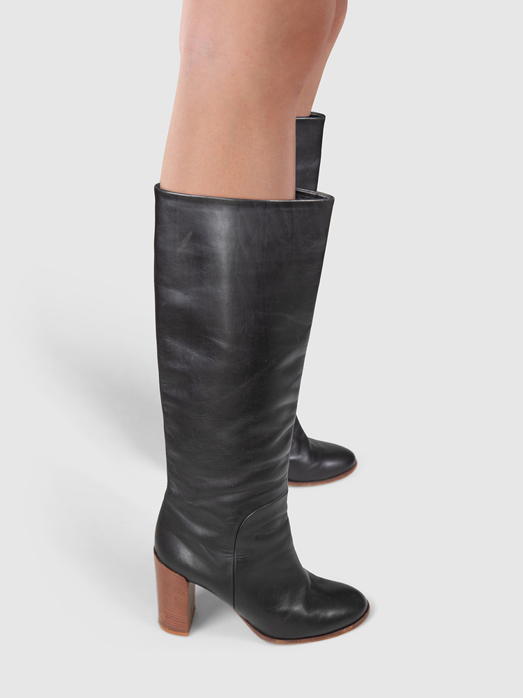 Céline Black Leather Heel Knee High Boots