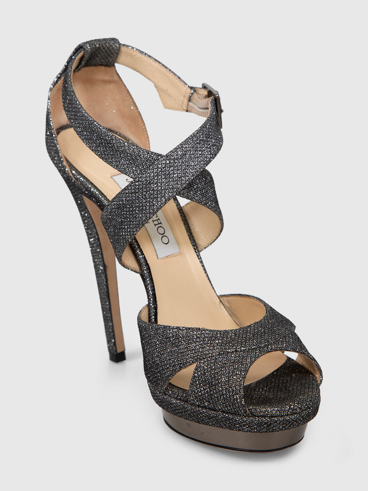 Jimmy Choo Silver Glitter Strappy Heel Sandals