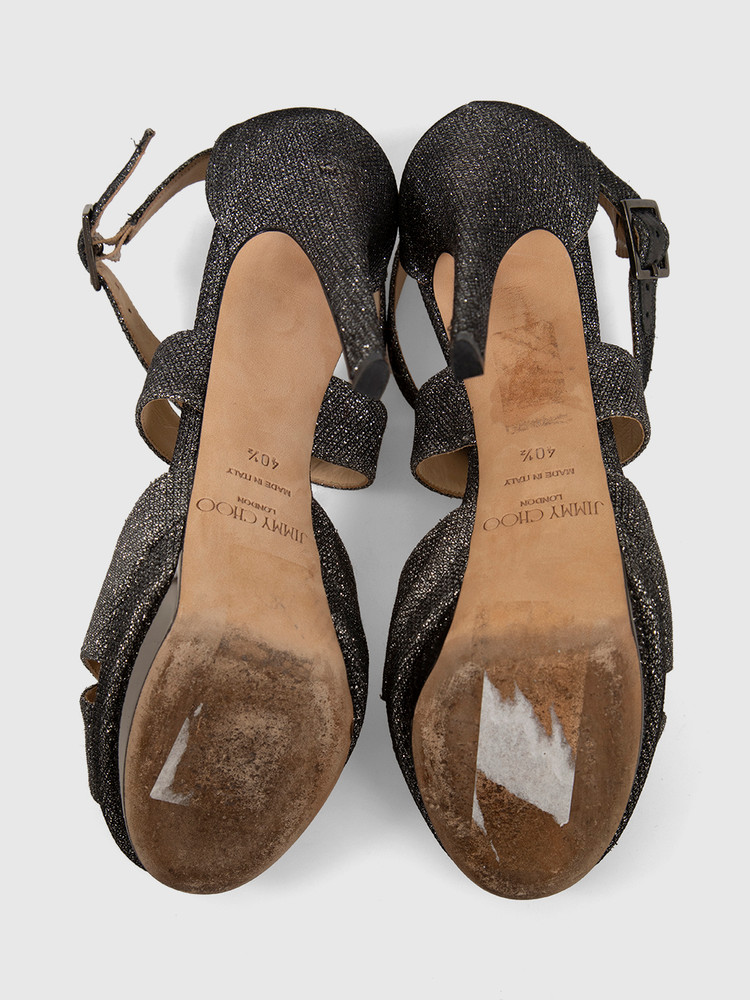 Jimmy Choo Silver Glitter Strappy Heel Sandals