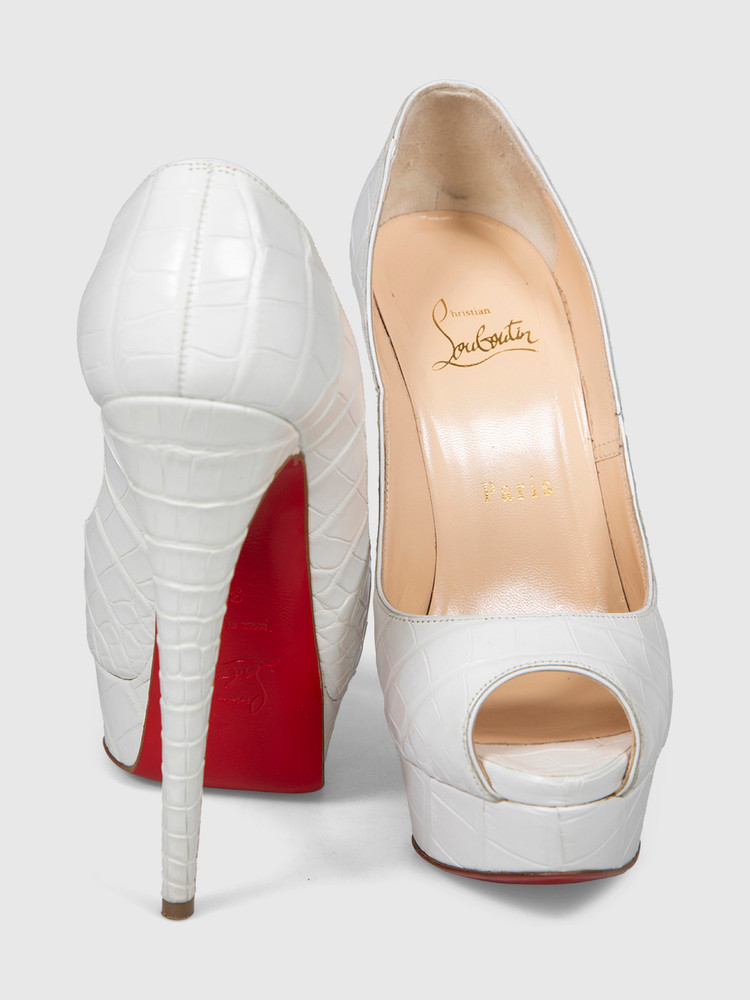 Christian Louboutin White Alligator Lady Peep Heels