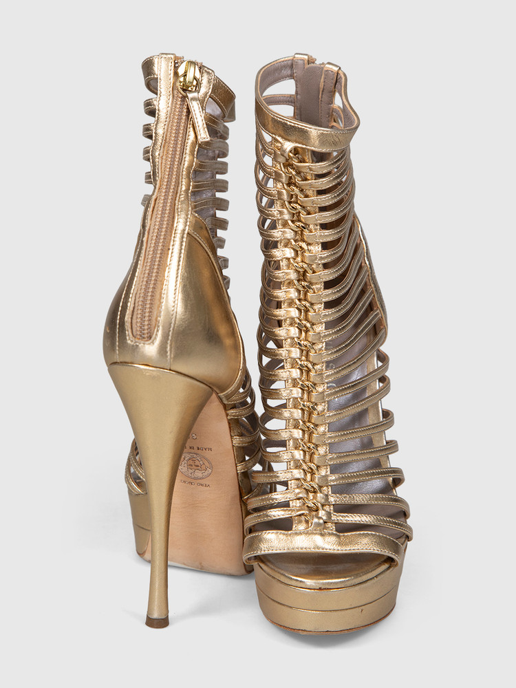 Versace Gold Leather Caged Platform Heels