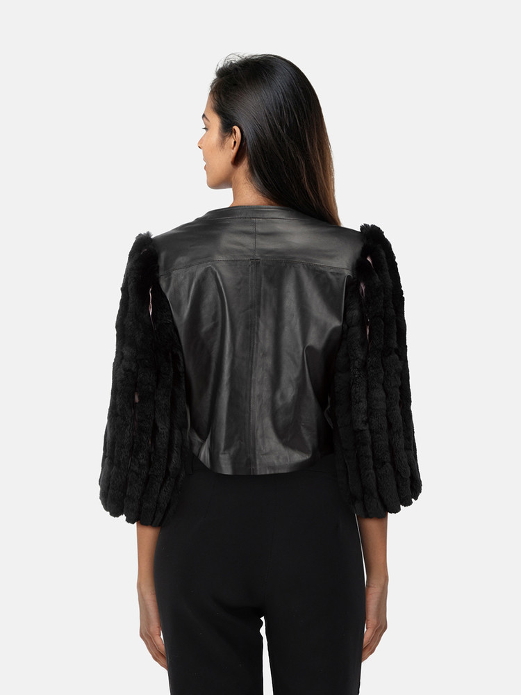 Anne Fontaine Black Leather & Rabbit Fur Jacket