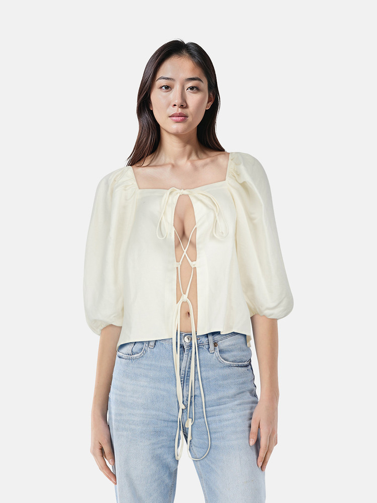 Cult Gaia White Balloon Sleeve Front Tie Top